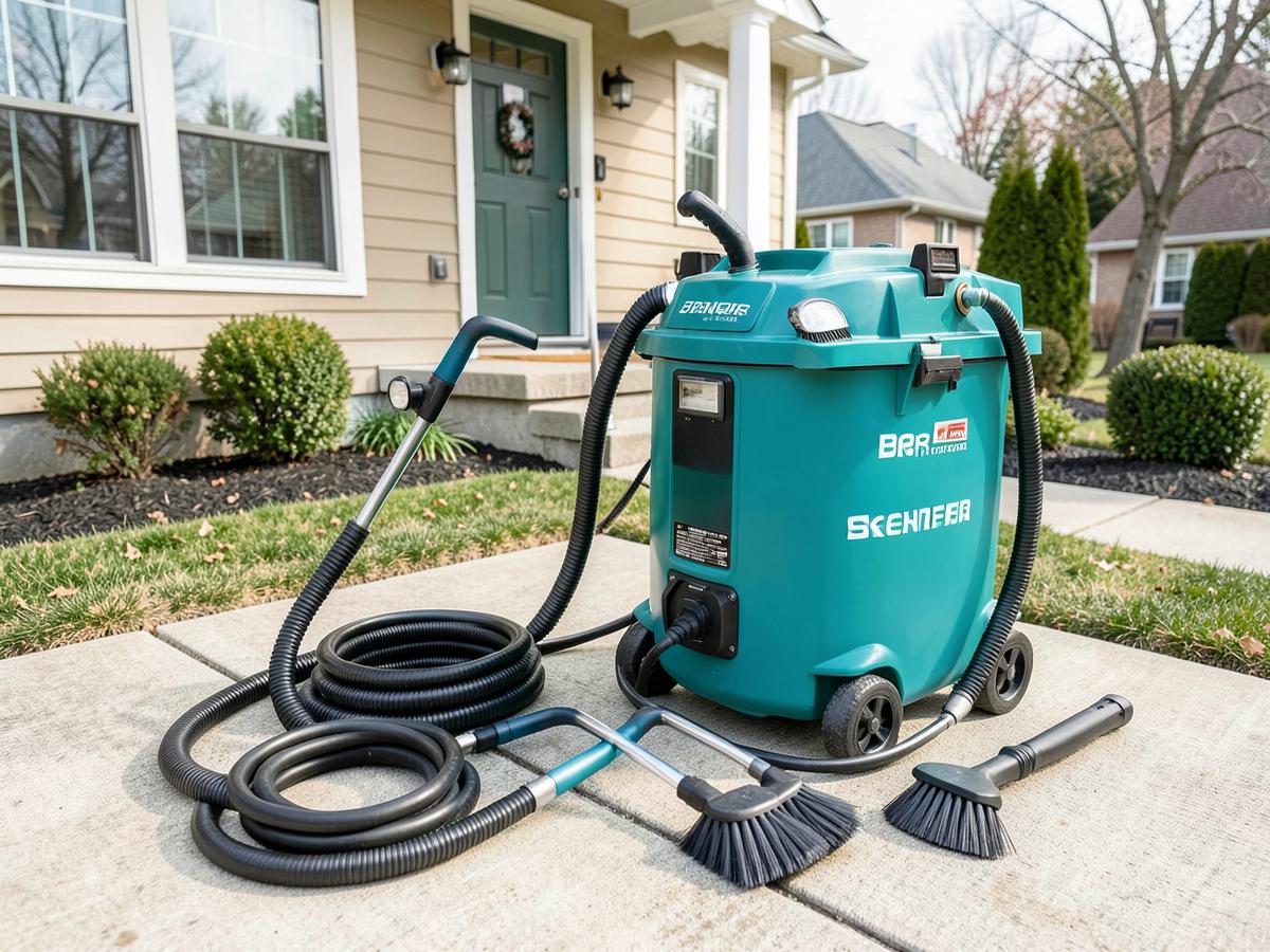 Duct cleaning vacuum and brush equipment staged outside a home